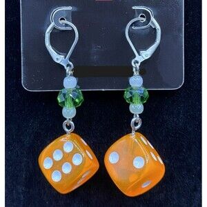 Handmade Orange Dice Green Crystal & White Glass Bead Earrings by Neanie-Bot